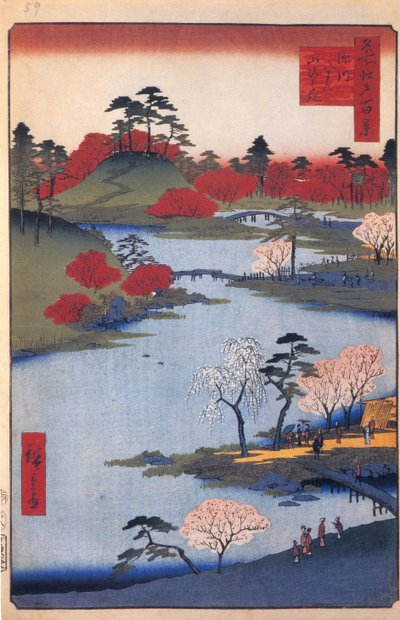 深川八man神社的露天花园。江户百景1858年 作者 Utagawa Hiroshige