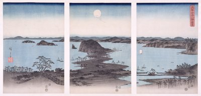 满月的金泽景观全景，来自“雪，月，花”系列，1857年（木版画） 作者 歌川宏重