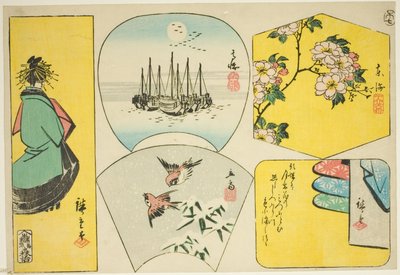 梅枝、素咲、歌妓、麻雀、屏风后的衣服 作者 歌川宏重