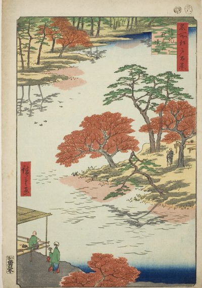 江户百景 "系列中的 "浮寺秋叶神社"（浮寺秋叶之景）。 作者 Utagawa Hiroshige