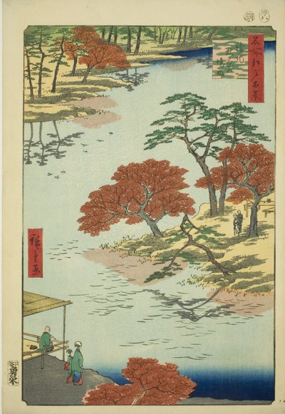 江户百景 "系列中的 "浮寺秋叶神社"（浮寺秋叶之景）。 作者 Utagawa Hiroshige