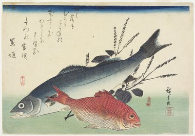红鲷鱼，鲈鱼和紫苏，c。 1840 作者 歌川宏重