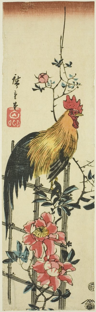 公鸡栖息在玫瑰花架上 作者 歌川宏重