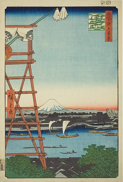 江户百景 "系列中的第 5 号 "龙谷江口院和本柳桥（龙谷江口院本柳桥）"。 作者 歌川宏重