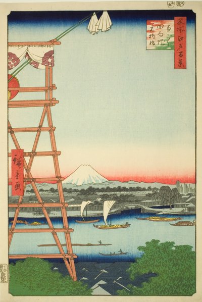江户百景（名所江户百景）"系列中的 "龙谷江口院 "和 "本柳桥"（龙谷江口院本柳桥） 作者 歌川宏重