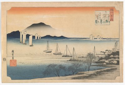 帆船回到江户时代，20世纪30年代初的Yabase（彩色木版画） 作者 Utagawa Hiroshige