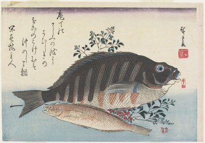 海鲷，香鱼和南迪纳树枝，c。 1840 作者 Utagawa Hiroshige