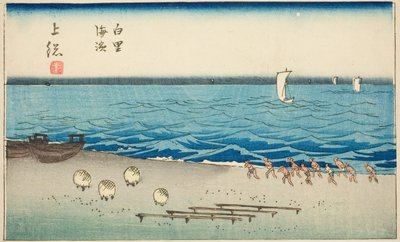 风佐省白里海滩（风佐白里海滨），"风佐省剪纸图（Kunizukushi harimaze zue）"系列第 7 张的一部分 作者 歌川宏重