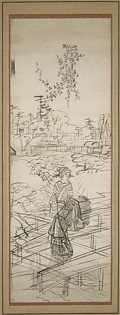 妇女过桥的素描 作者 歌川宏重