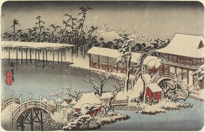 在Kameido Tenman，1832-1834的神社地面下雪 作者 歌川宏重