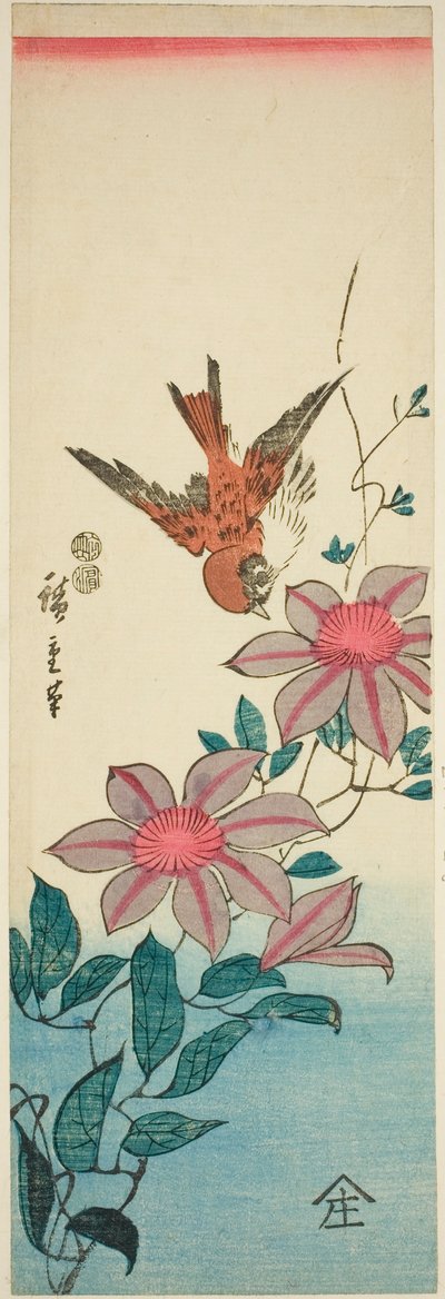 麻雀和铁线莲 作者 歌川宏重