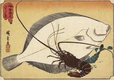 多刺的龙虾和比目鱼，19世纪初 作者 Utagawa Hiroshige