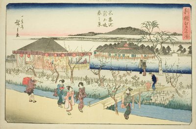 江户名胜新选 "系列中的 "不忍池新堤春景"（不忍池新堤春景）。 作者 歌川宏重