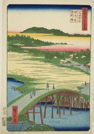 菅田桥、大木桥和高田砾石坑（高田菅田桥大木桥），选自 "江户百景 "系列。 作者 歌川宏重