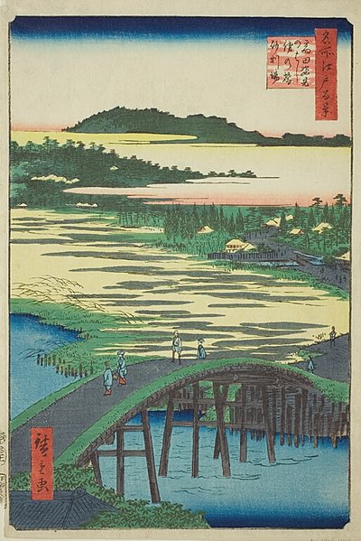 菅上桥、大木桥和高田的砾石坑（高田菅上桥大木桥），"名所江户百景 "系列第 116 号 作者 歌川宏重