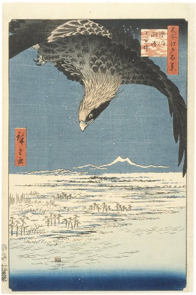从1857年的江户系列一百个着名景观（深色木刻版画）到深川附近的Susaki和Jmantsubo平原 作者 Utagawa Hiroshige