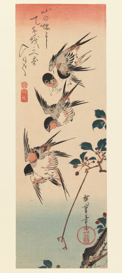Tanzaku，Four Swallows，1832（彩色木版画） 作者 歌川宏重