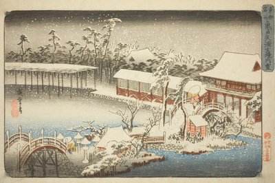 雪中的龟户天满神社院落，选自 "东都名胜（东都名胜）"系列 作者 歌川宏重