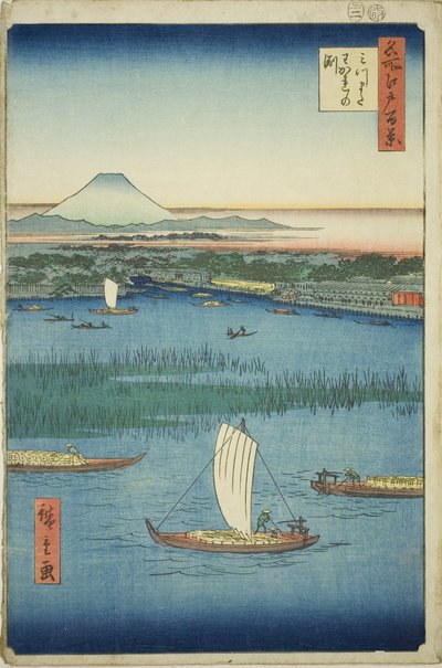 江户百景 "系列中的 "三叉川的离别之深"（Mitsumata Wakarenofuchi）。 作者 歌川宏重