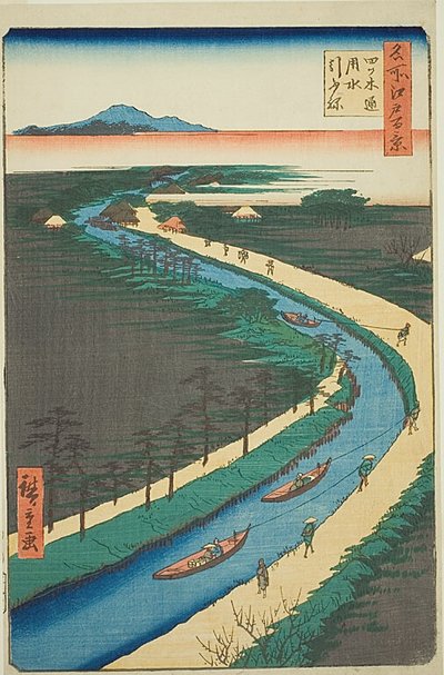 四月通运河上的拖船，"名所江户百景 "系列之 33 作者 歌川宏重