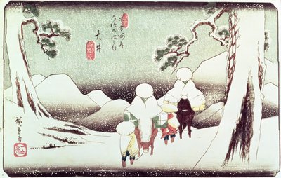 &39;Ois&39;的雪中旅行者，来自&39;69 Kisokaido&39;系列酒吧。 1830年代末期，（oban尺寸，yoko-e  - 横向格式，彩色木版画） 作者 Utagawa Hiroshige