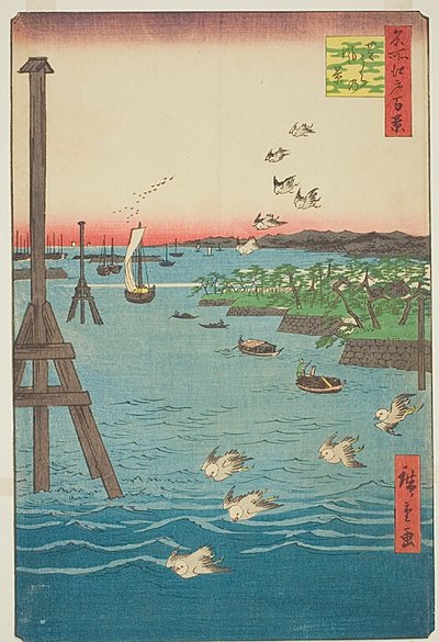 芝海岸（芝浦之景），浅蓝色的水影，《名所江户百景》系列第 108 号 作者 歌川宏重