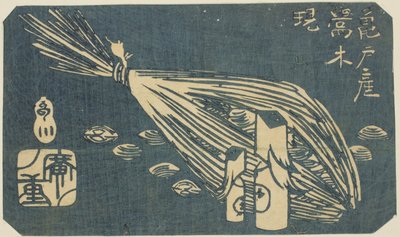 龟户的莺木雕和蛤蜊，"江户名胜剪影（Harimaze Koto meisho）"系列中的一张纸的一部分 作者 歌川宏重