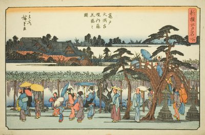 龟户天满宫院内盛开的紫藤，选自 "江户名胜新选 "系列。 作者 歌川宏重