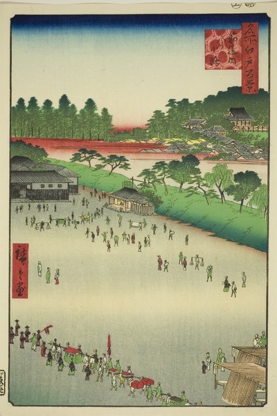 江户百景（名所江户百景）"系列中的 "八光寺"，位于筋会门内（筋会内八光寺）。 作者 歌川宏重