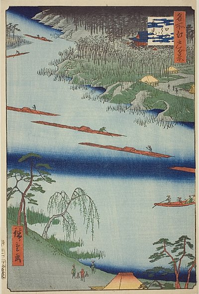 川口善光寺和渡口（川口的渡口善光寺），深蓝色条纹，"江户百景 "系列第 20 号 作者 歌川宏重