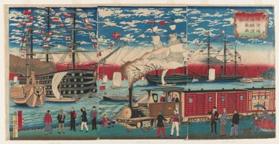 横滨海滨的机车图片，横滨，江户时代 作者 歌川广重三世