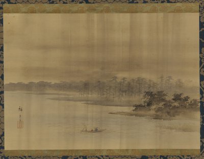 雨中的河流景观和寺庙，江户时代，19世纪。 作者 歌川广重二世