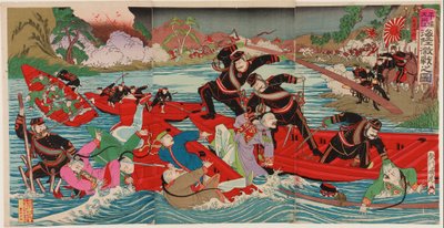 平壤大同江海陆激战，1894 年 9 月（木刻版画；纸面水墨和色彩） 作者 歌川二国虎