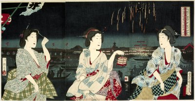 在龙谷焰火中享受晚风
Ryogoku hanabi yusuzumi no kei（物体上的标题） 作者 井上靖二