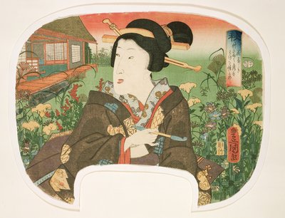 秋天，Hanayashiki：一个带有烟斗的艺伎，设计为一套四个风扇，用于说明季节，1858-60（木版画） 作者 Utagawa Kunisada