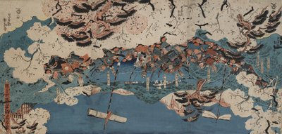 在纳科索海关创作诗歌（彩色木刻安装在船上） 作者 歌川国三
