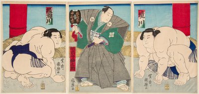 Shakaigawa 和 Ayasemawa 相扑战士。 歌川国铁邮票（1808-1876） 作者 歌川国辉