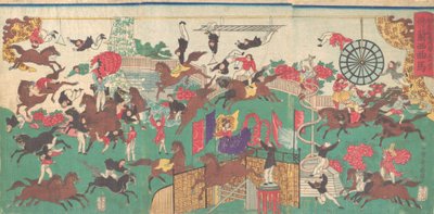 法国马戏团在浅草观音寺的院子里浅草观音像...，1871年。 作者 歌川国辉