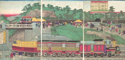 在东京的高轮铁路上运行的蒸汽机车插图 东京ta...，约1873年。 作者 歌川国辉