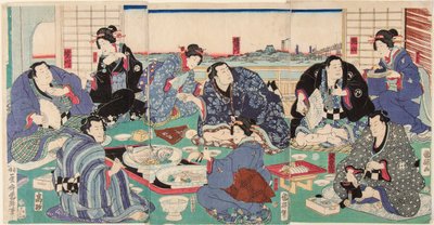 相扑选手堺川波右卫门（左）与其他选手和艺妓在节日大餐中。 歌川国元印刷（1808-1876 年） 作者 歌川国辉