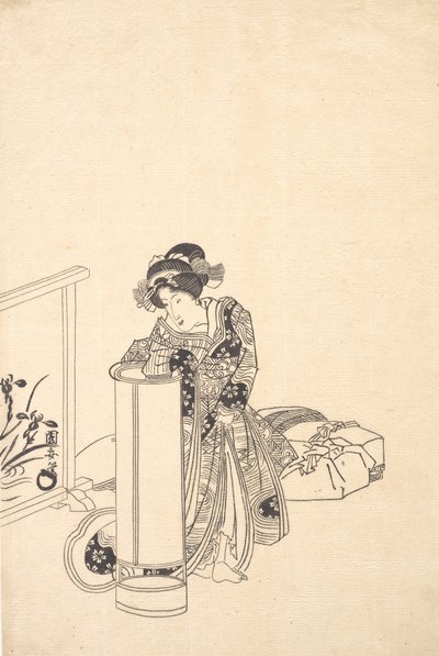 倚在高脚灯上的年轻女子。 作者 歌川国安