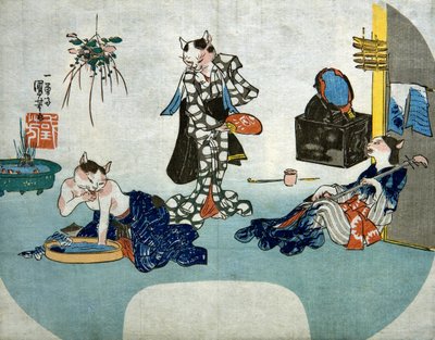 拟人化的猫在夏天放松，约 1842 年 作者 歌川国义