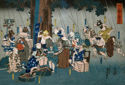 漫画动物从雨中避难（Dōke kemono no amayadori），约 1842 年 作者 歌川国义