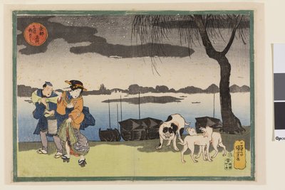 两国柳桥附近的艺伎、随从和三只狗，选自《东都名胜》系列，约 1834 年（彩色木刻版画 "nishiki-e"；纸面墨水和彩色）。 作者 歌川国义