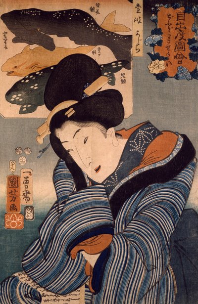 我希望他在这里，来自伊岐省的女人，由宇田川国吉创作。 作者 歌川国义