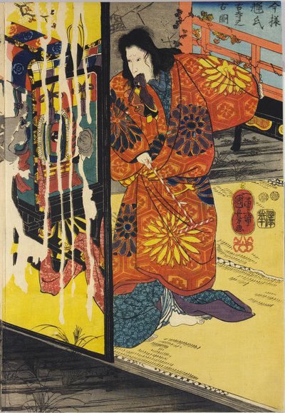 彩色木刻三联画的一部分，名为Imayo Teruuji furudera no kozu 作者 歌川国义