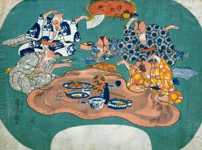 浣熊狗和狐狸在玩耍（Tanuki to kitsune no asobi），约1842年 作者 歌川国义