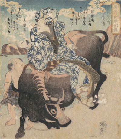 Roshungi中文，卢俊义饰演骑着水牛的叼着烟斗的女人。 作者 歌川国义