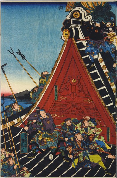 彩色木刻版三联画的片材，名为H？ryukaku sh ？ no zu描绘了aki泽巴金（Kakkenden）的a泽白金（Kakkenden）的一幕，在犬冢筱野之间的寺庙屋顶上打架 作者 歌川国义