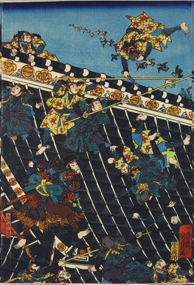 彩色木刻版画三联画中的一张，题为 "Hōryukaku shō no zu"，描绘了泷泽萝拉的 "函谷关 "中的一个场景，显示了犬冢志乃（右）和犬饲宪八手下的警察在寺庙屋顶上的打斗，改编自一个三联画。 作者 歌川国义